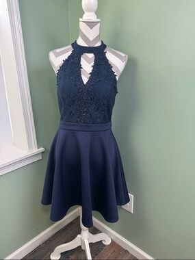 Jodi Kristopher Navy Lace Dress with Halter Detail 11